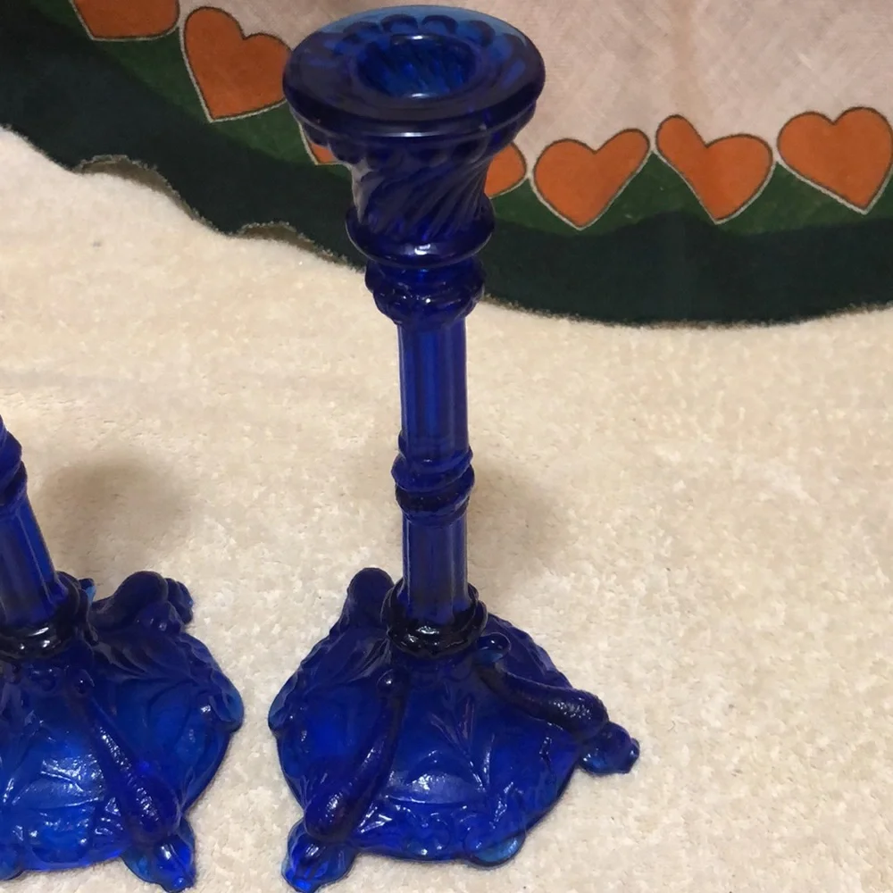 Portieux Vallerysthal Bavards 8.5” Koi Candlesticks Cobalt Blue Glass
